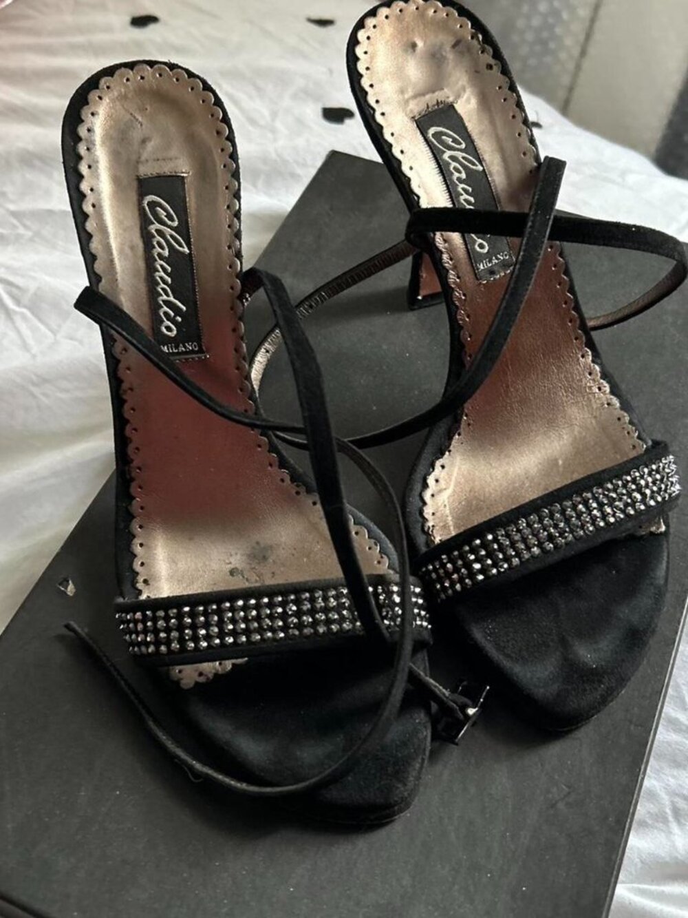 Frances Cossaco Black Open Toe Sparkly Heels sz 36
